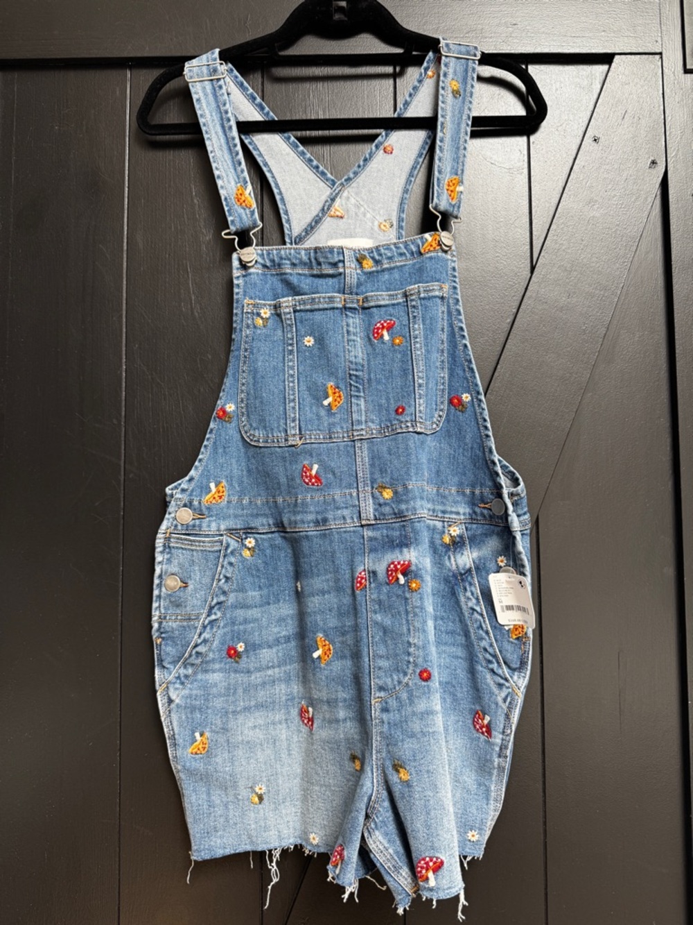 NWT Driftwood Free People Mushroom Flowers Embroidered Overalls Shortalls Medium - Picture 7 of 16